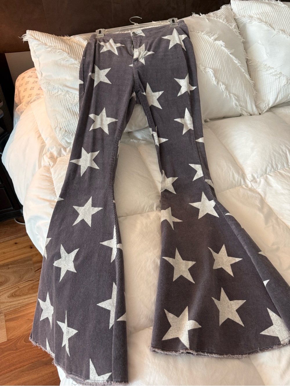 Peach Love California Charcoal Corduroy Flare Pants with Cream Stars